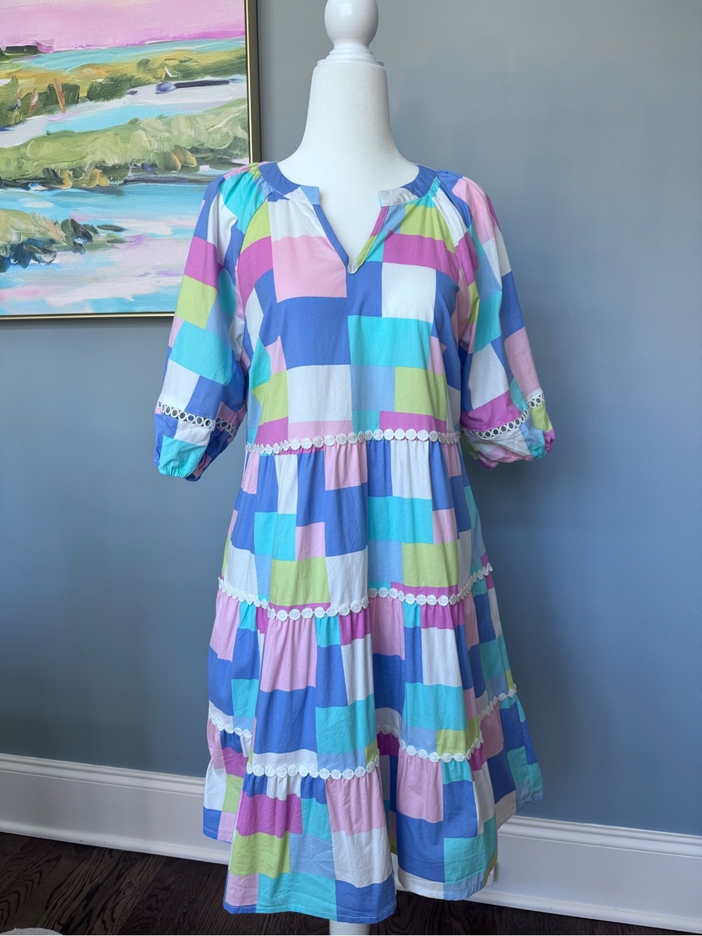 Mary Square Pastel Block-Print Tiered Midi Dress - Blue/Pink/green size small
